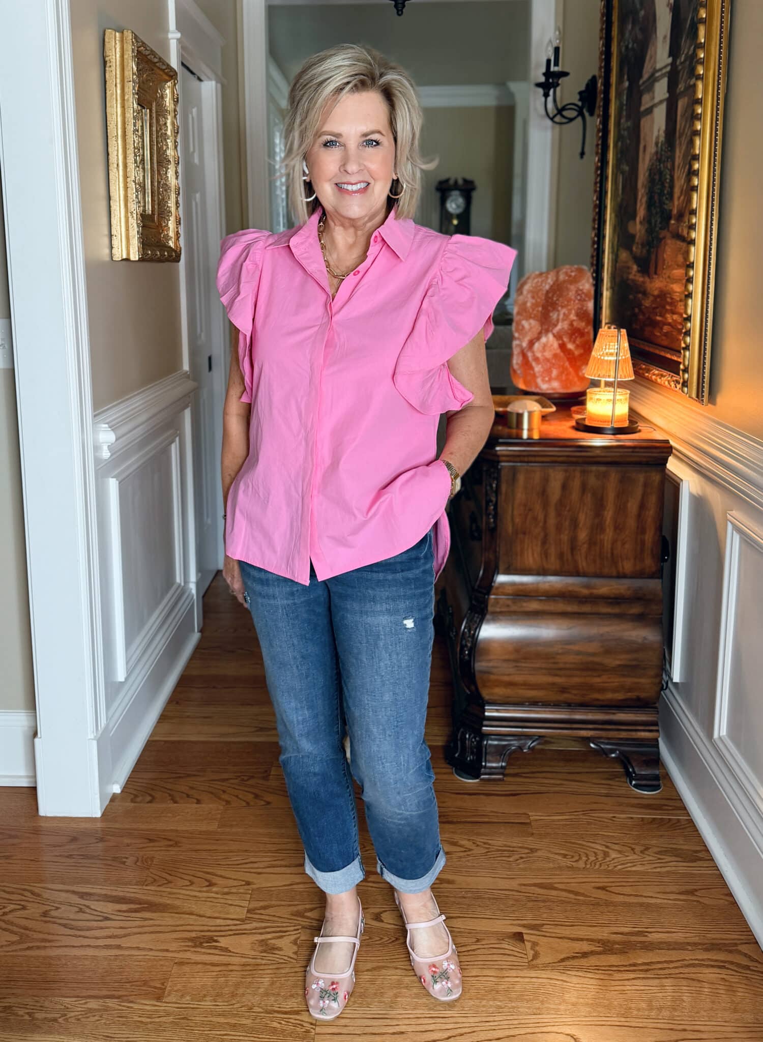 Bright pink blouse outfit for spring with floral flats