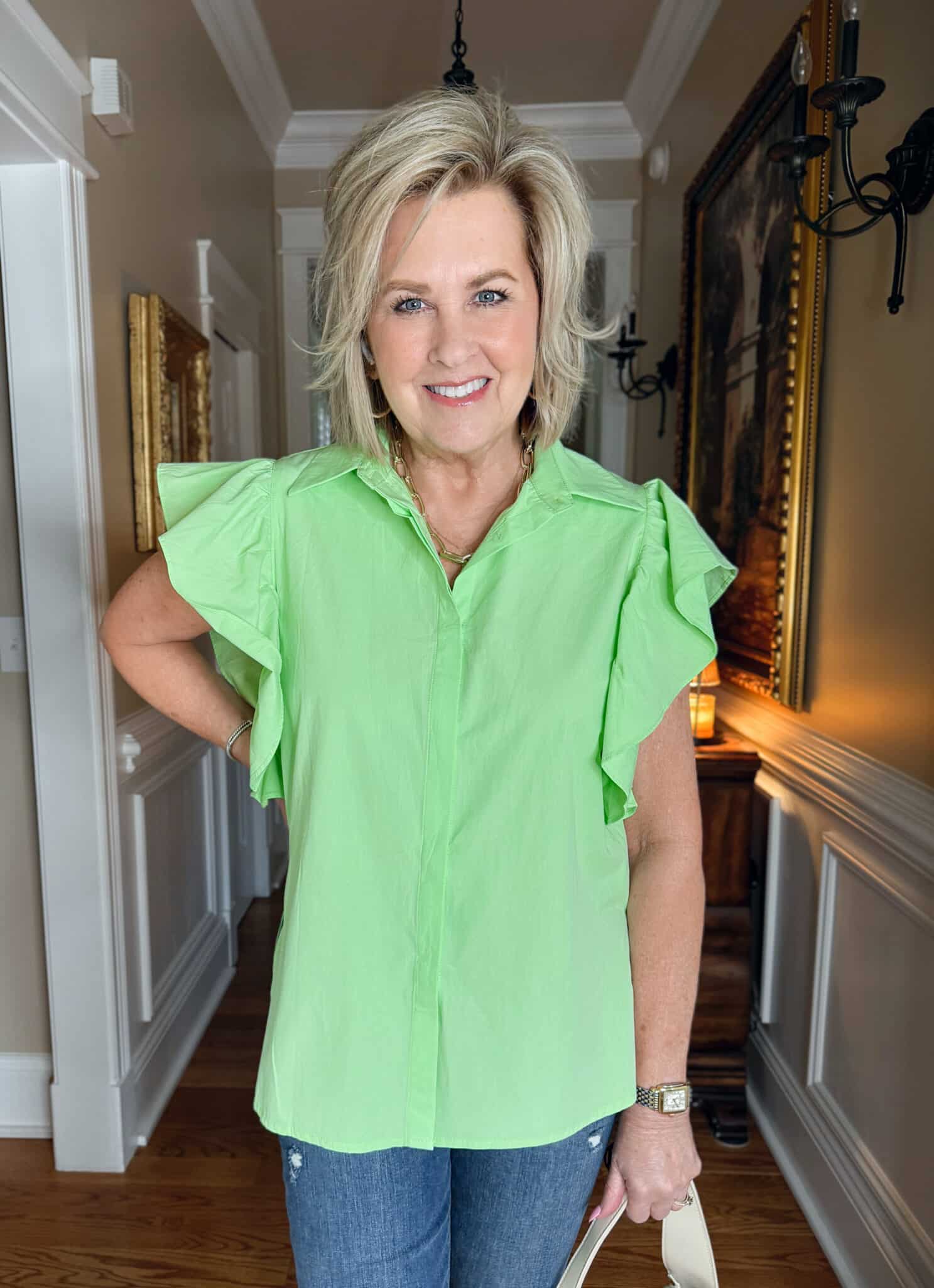 Tania Stephens wearing a bright green top from Amazon