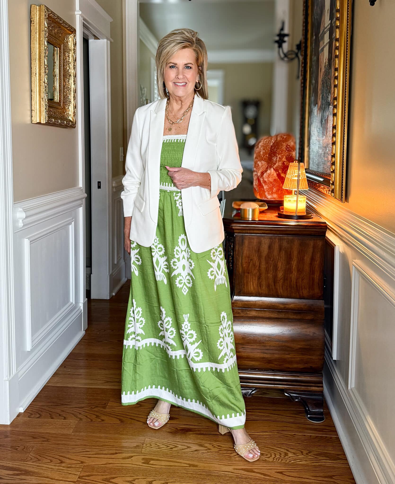 Green smocked maxi dress with white blazer – flattering maxi dresses for mature women