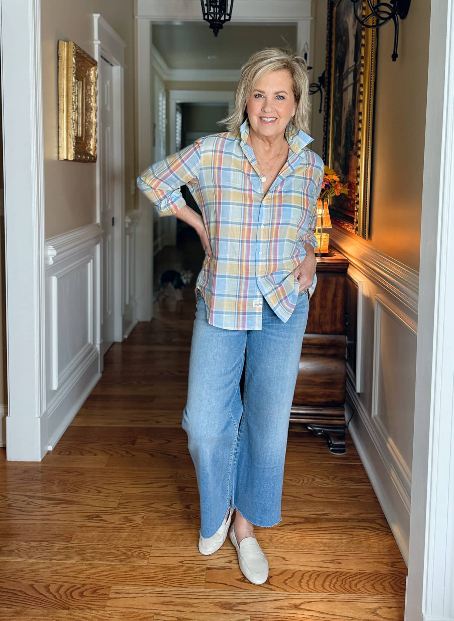Tania Stephens wearing Frank & Eileen plaid button up shirt and wide leg crop jeans