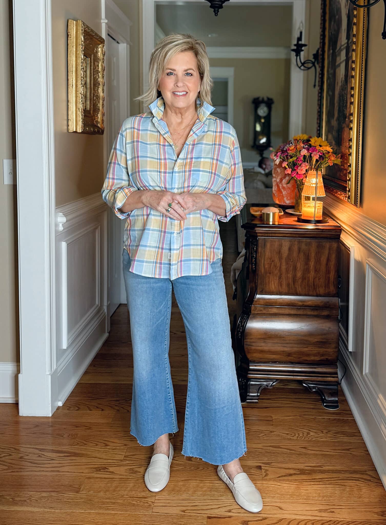 Tania Stephens wearing Frank & Eileen plaid button up  and wide leg crop jeans