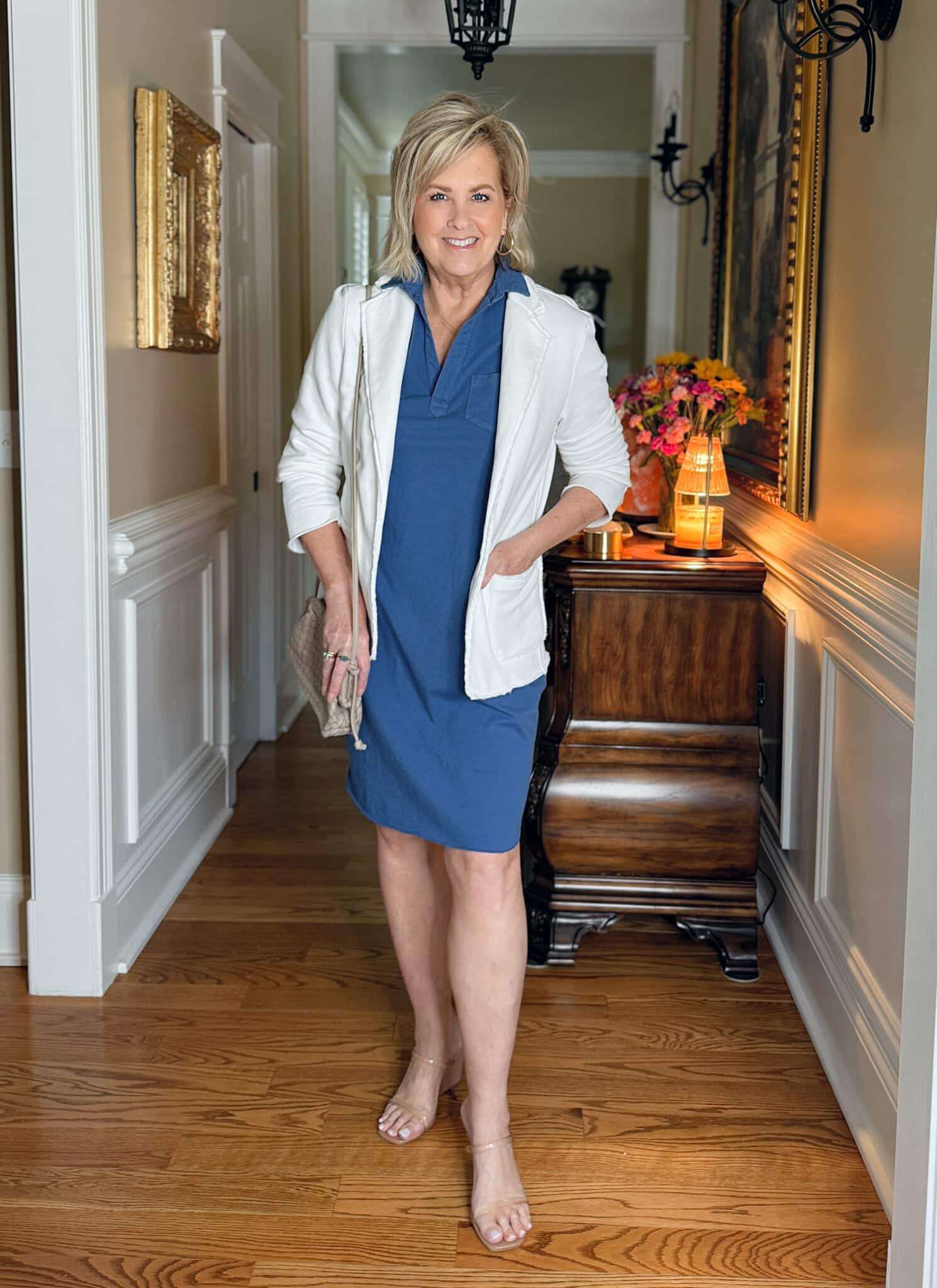 Tania Stephens wearing Frank & Eileen blue dress and a white blazer