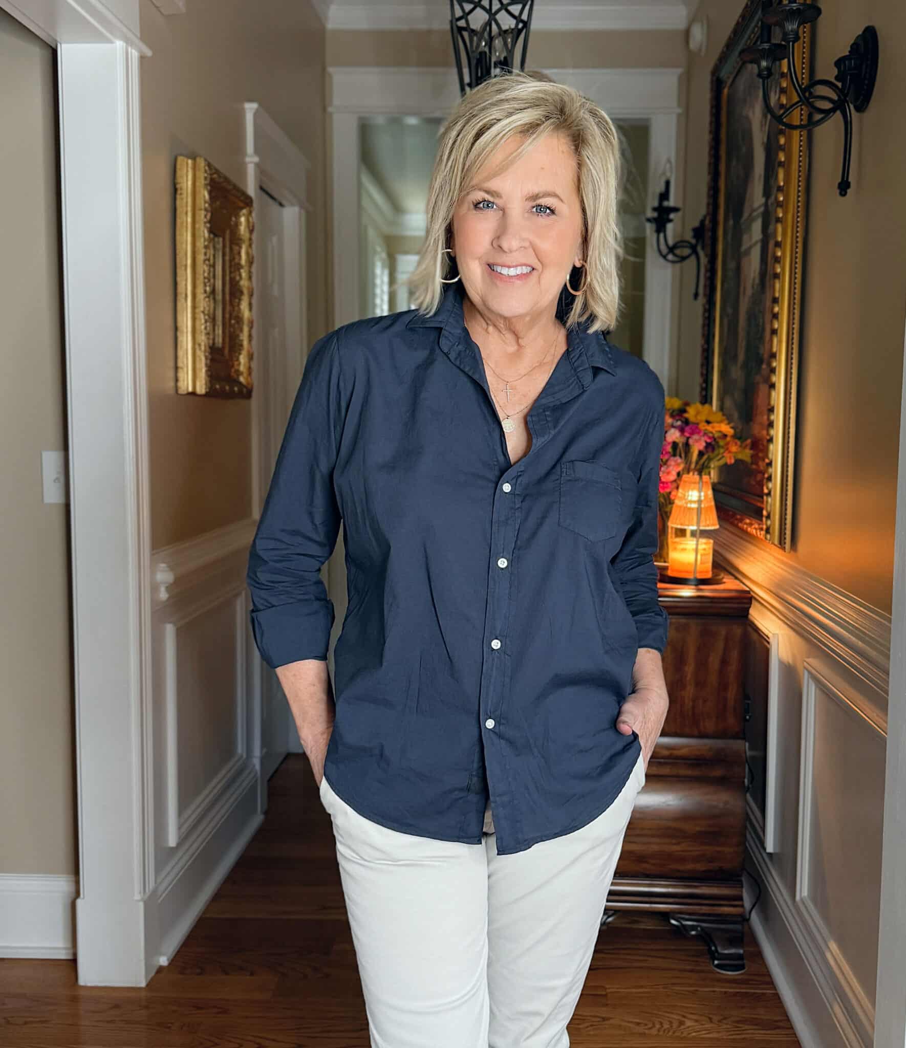Tania Stephens wearing Frank & Eileen navy button up shirt 