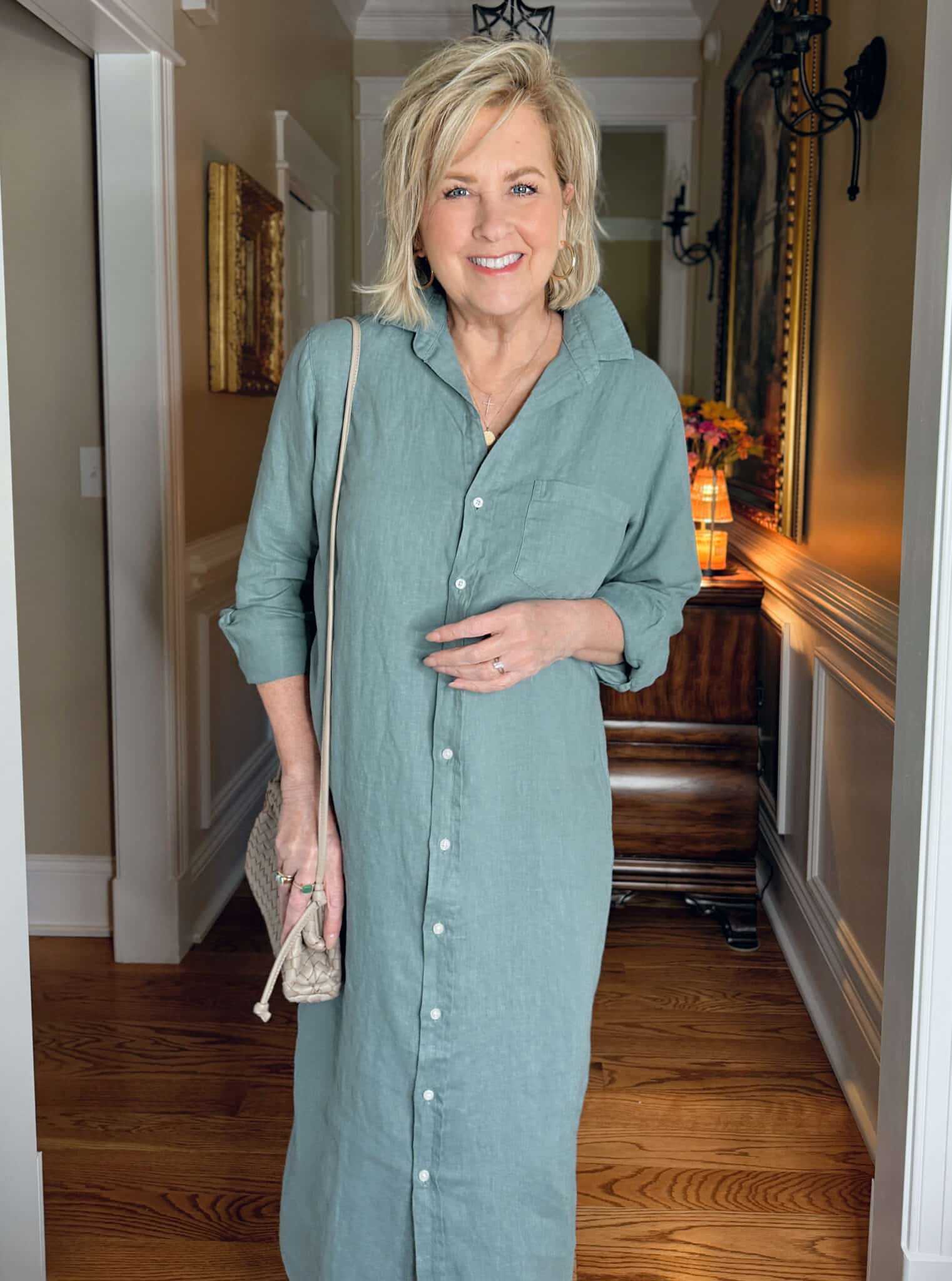 Tania Stephens wearing Frank & Eileen green linen maxi dress 