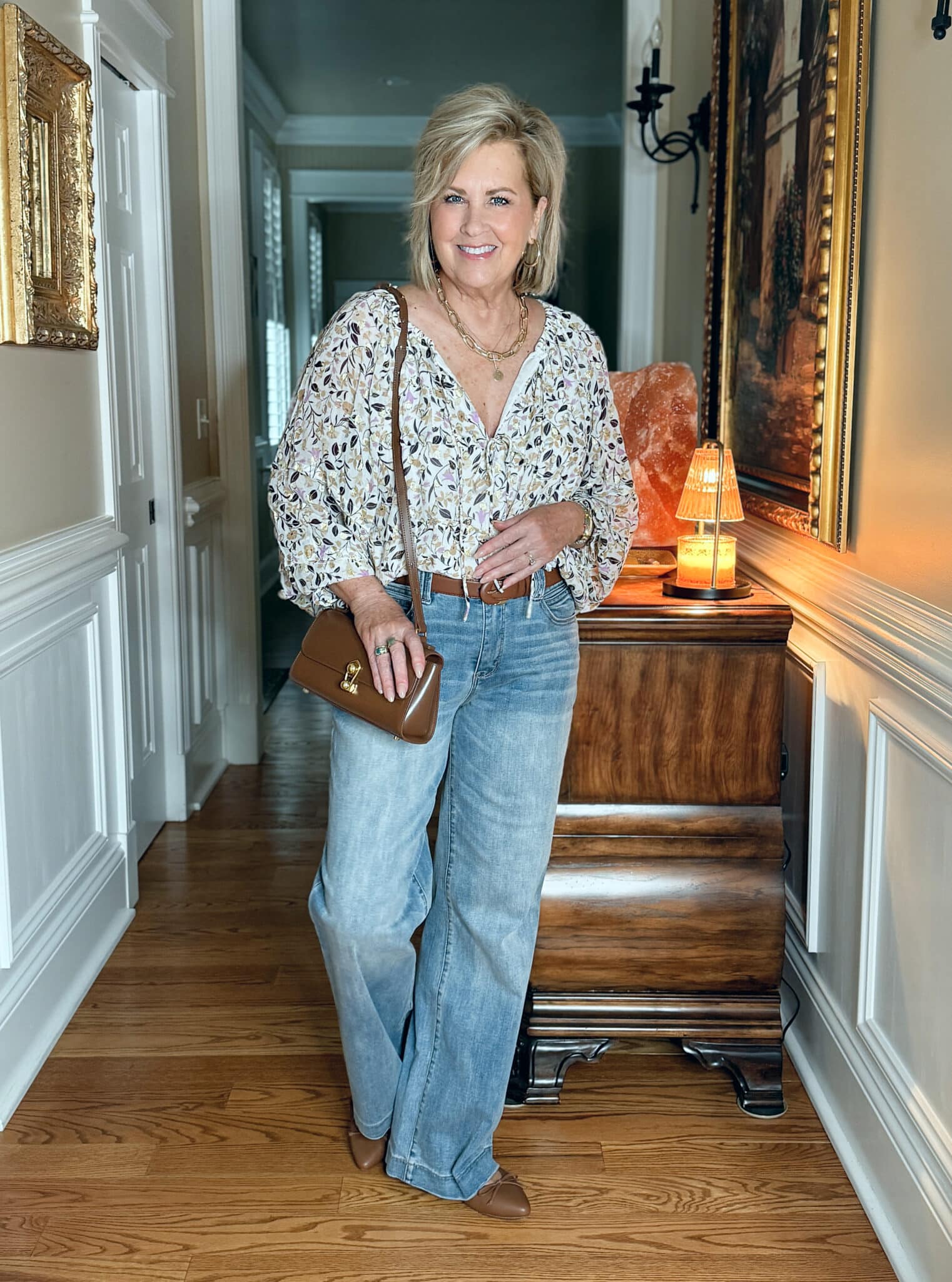 Light wash wide leg jeans and floral blouse outfit for summer