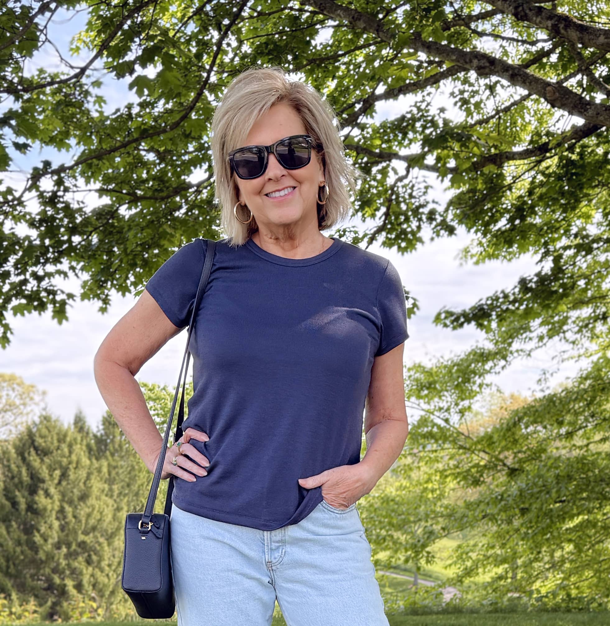 Tania Stephens wearing a classic navy t-shirt