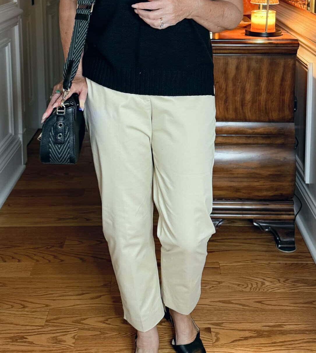 Woman wearing khaki crop pants for spring