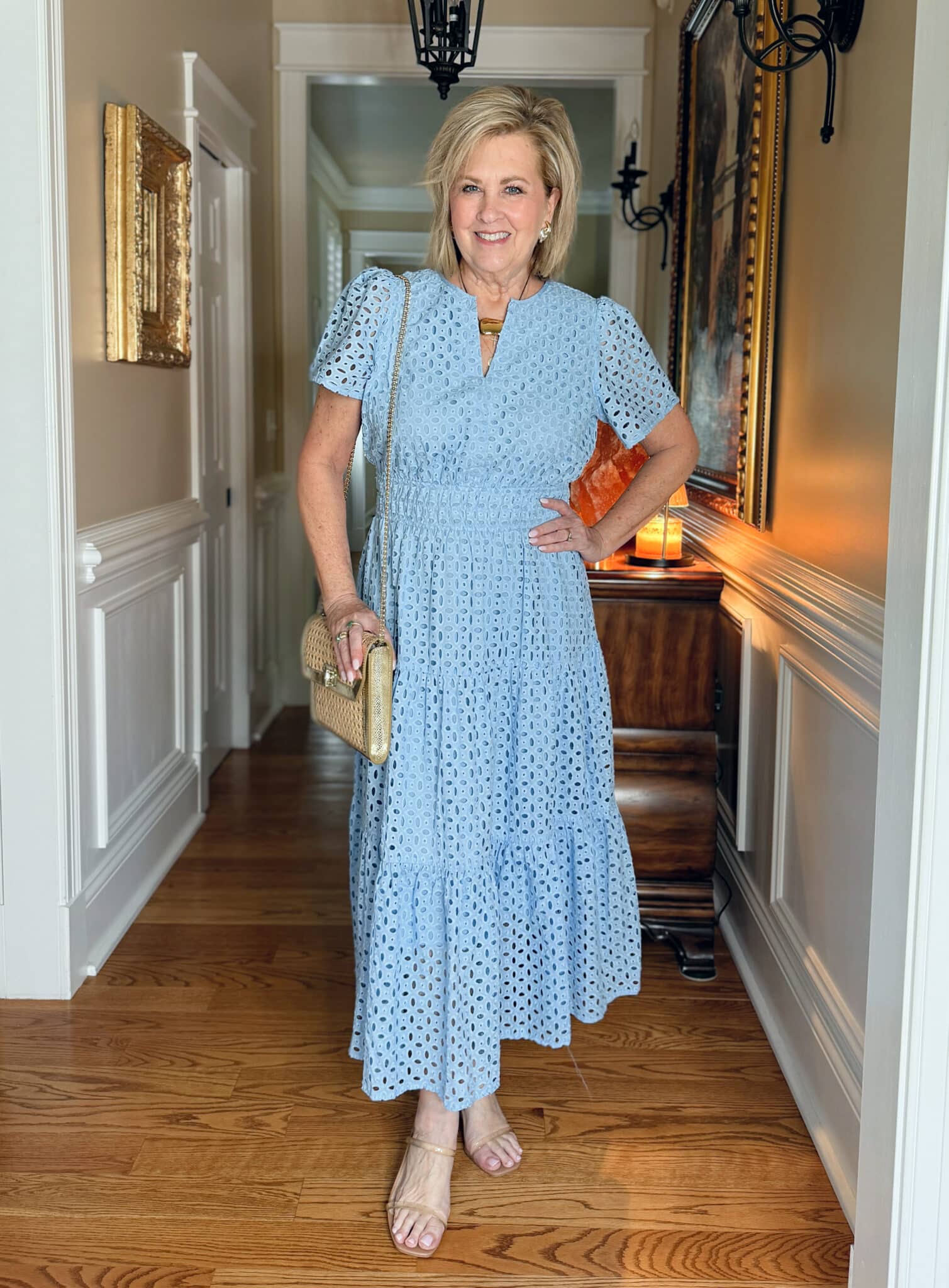 woman wearing a blue lace church dress for summer