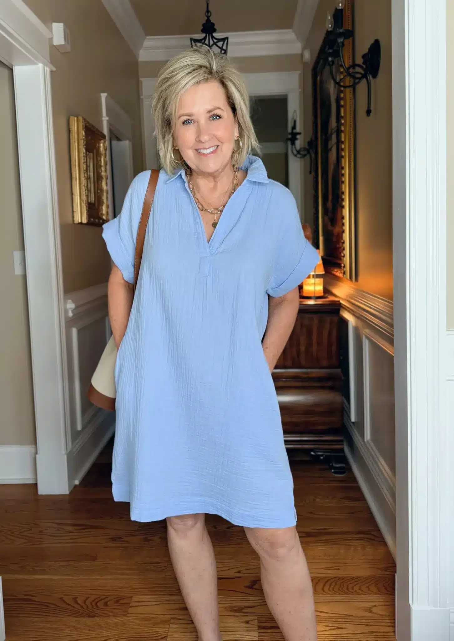 Short sleeve gauze popover dress. Dresses with sleeves for women over 50
