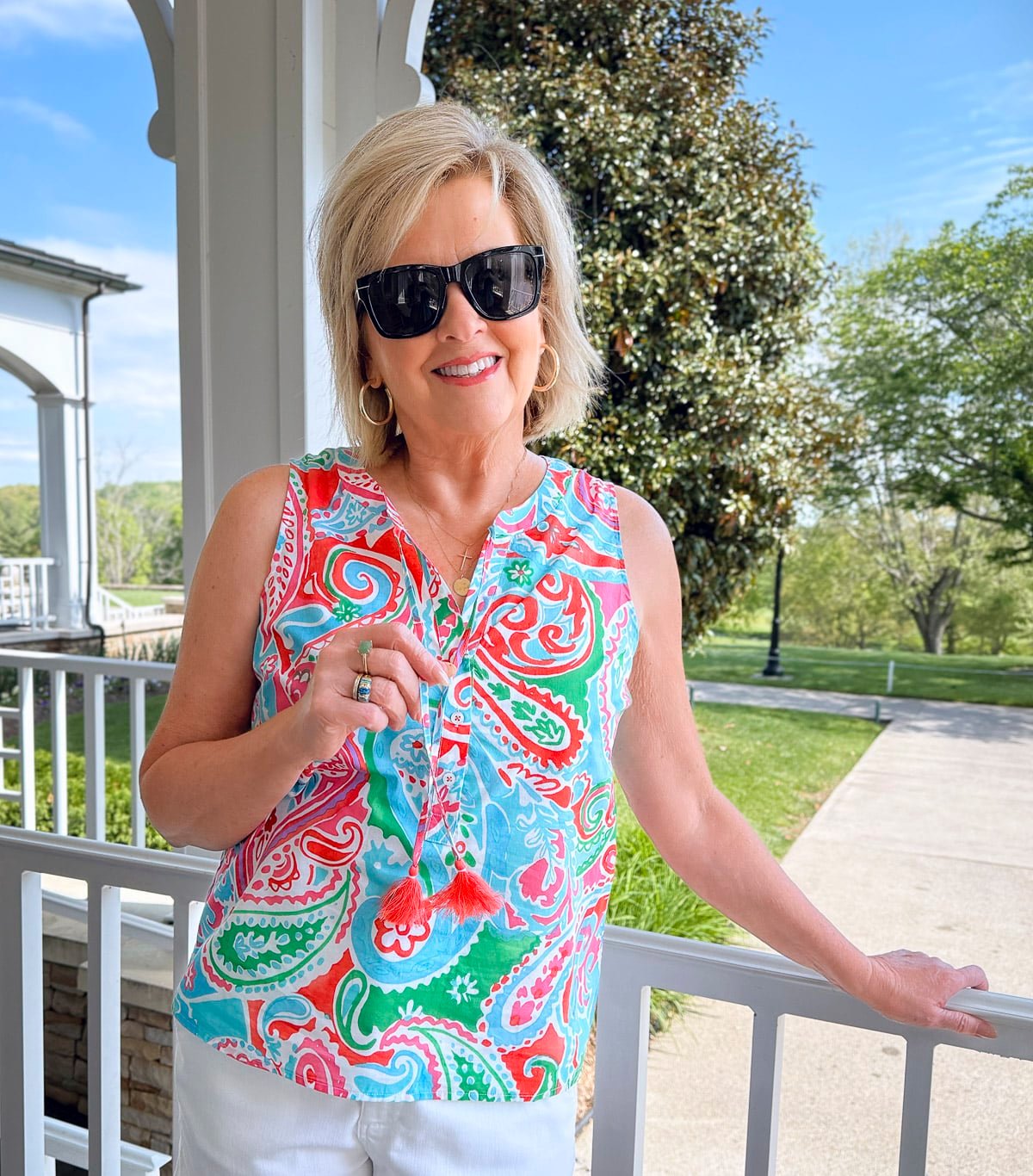 Tania Stephens wearing a tie front top from Talbots