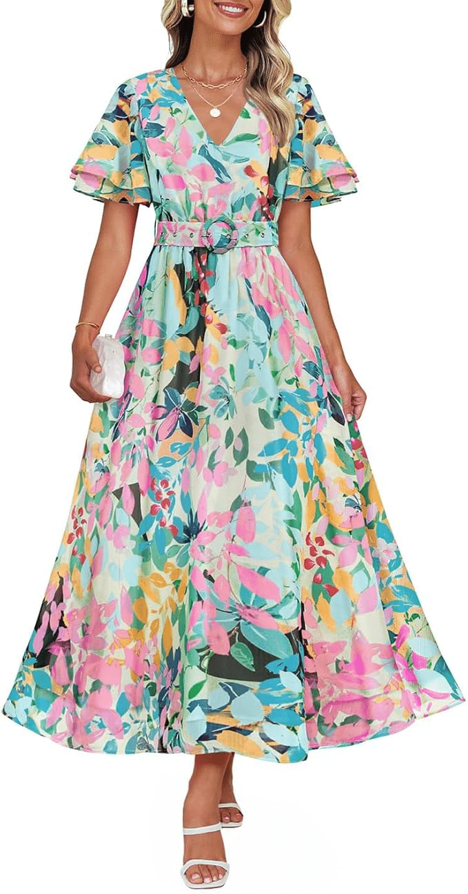 Floral V Neck Midi Dress, Women Over 50 Dresses with Sleeves, amazon fashion