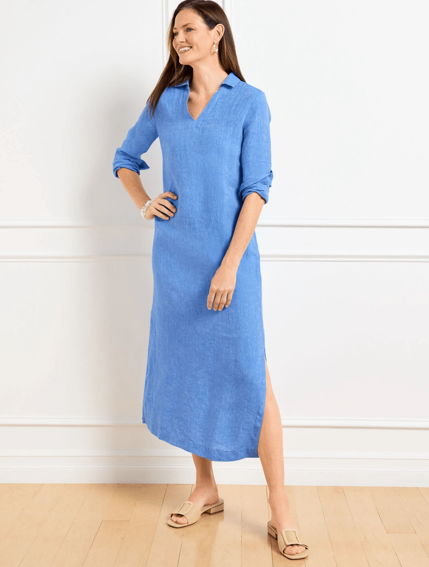 Talbots Long Sleeve Linen Kaftan Shirtdress, Cool Breathable Dresses for Summer