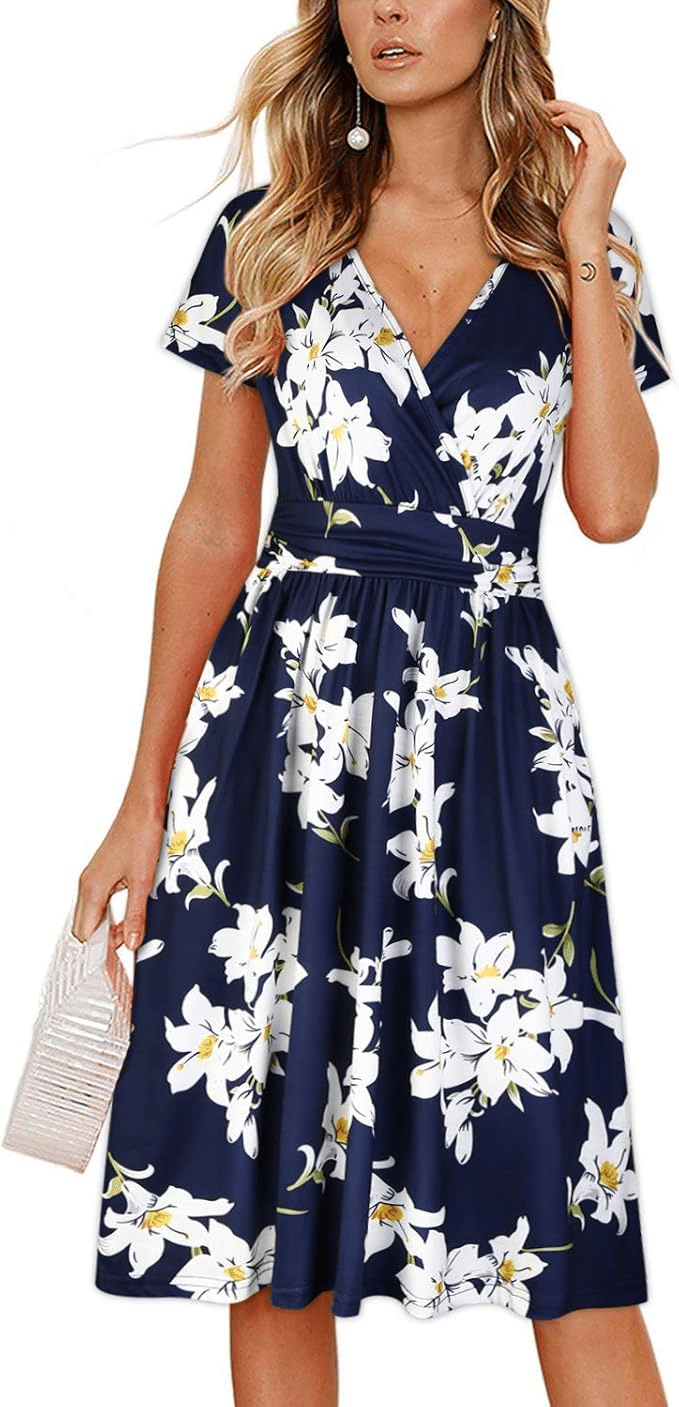 Short Sleeve V-Neck Floral Party Dress, amazon fashion for summer
