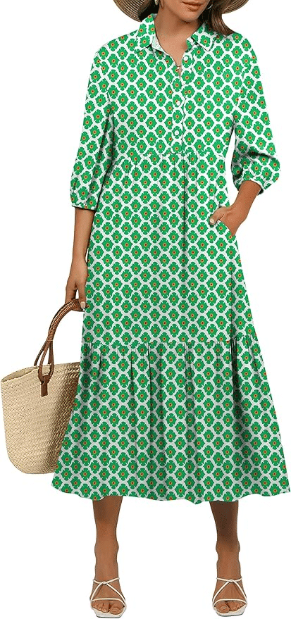 Casual Dress for Summer for Women Over 50 Amazon, Green Printed Shirtdress