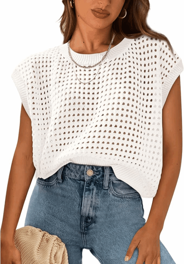 Crochet Cap Sleeve Top, Stylish Casual Tops for summer That Don’t Cling, Casual Summer Clothing women over 50