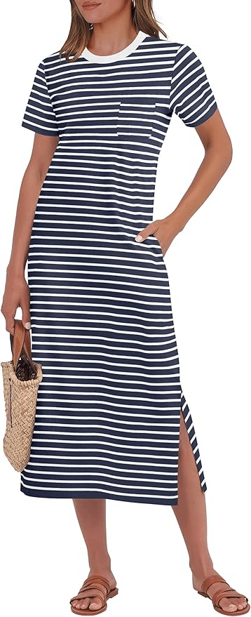 The Best T-Shirt Dresses For Women Over 50 midi stripe t shirt fashion blogger tania stephens