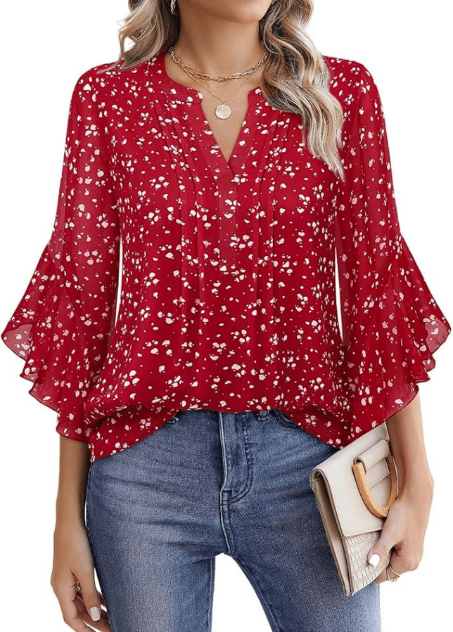 Tops with 3/4 Sleeve for Women Over 50 ruffle sleeves red and white fashion blogger tania stephens