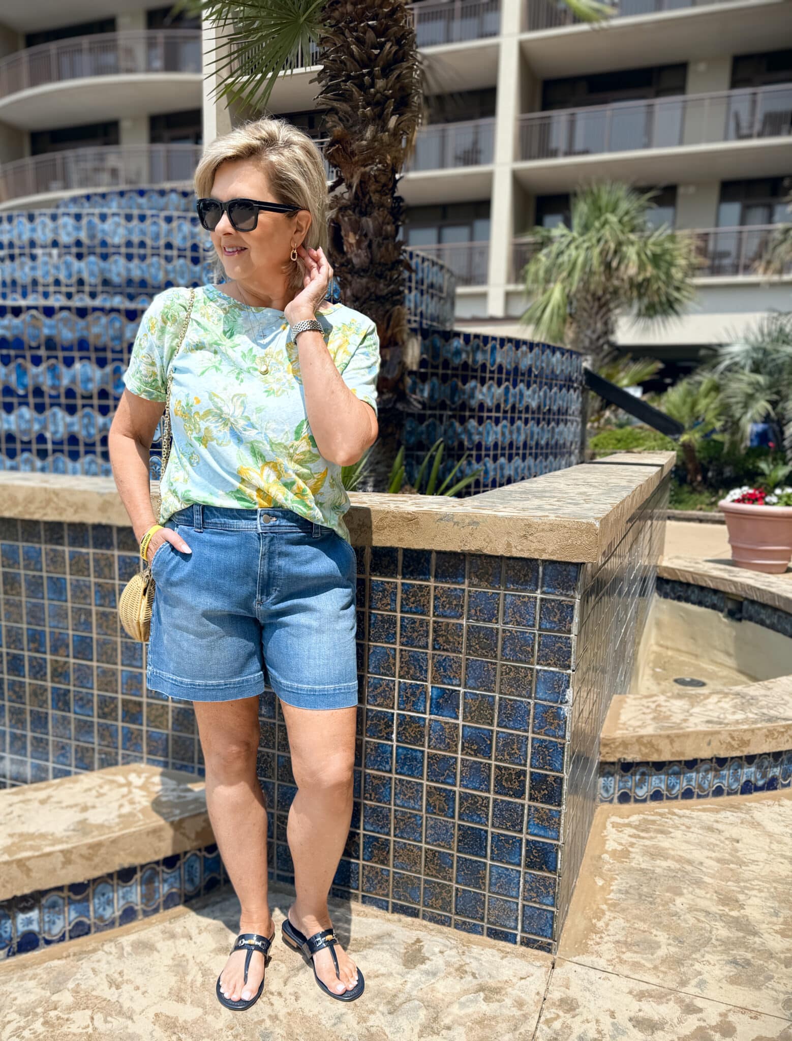 Tania Stephens at the beach wearing a summery tee with denim shorts from Talbots