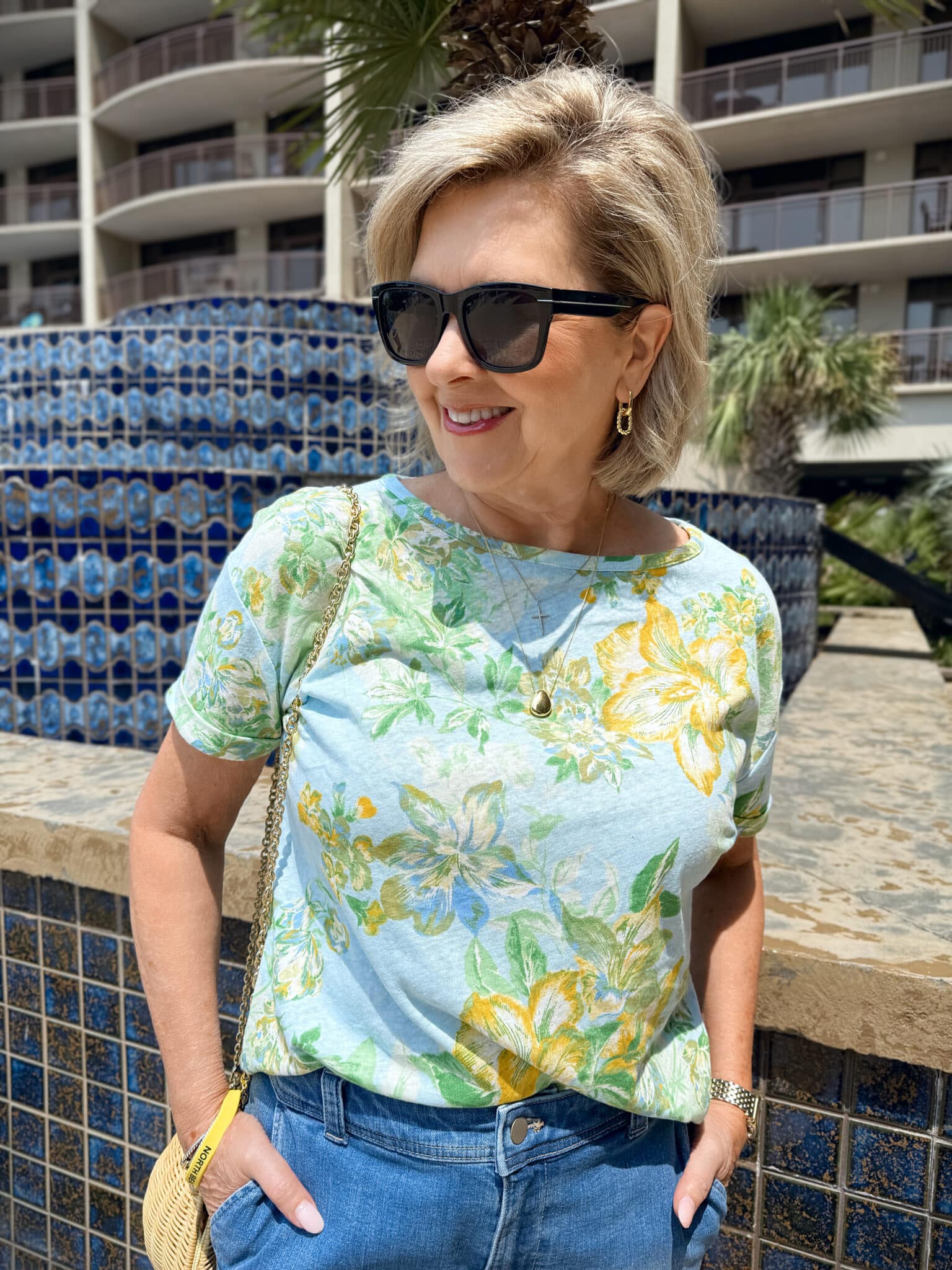 Tania Stephens at the beach wearing a summery tee from Talbots
