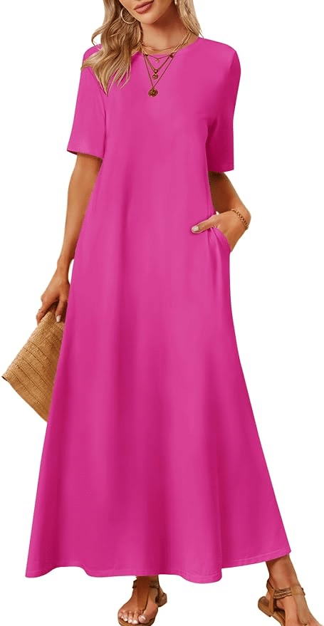 Amazon’s Most Flattering Dresses for Women Over 50 This Summer hot pink short sleeve fashion blogger