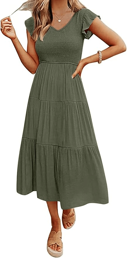 Amazon’s Most Flattering Dresses for Women Over 50 This Summer smocked midi dress olive 50 is not old fashion blogger