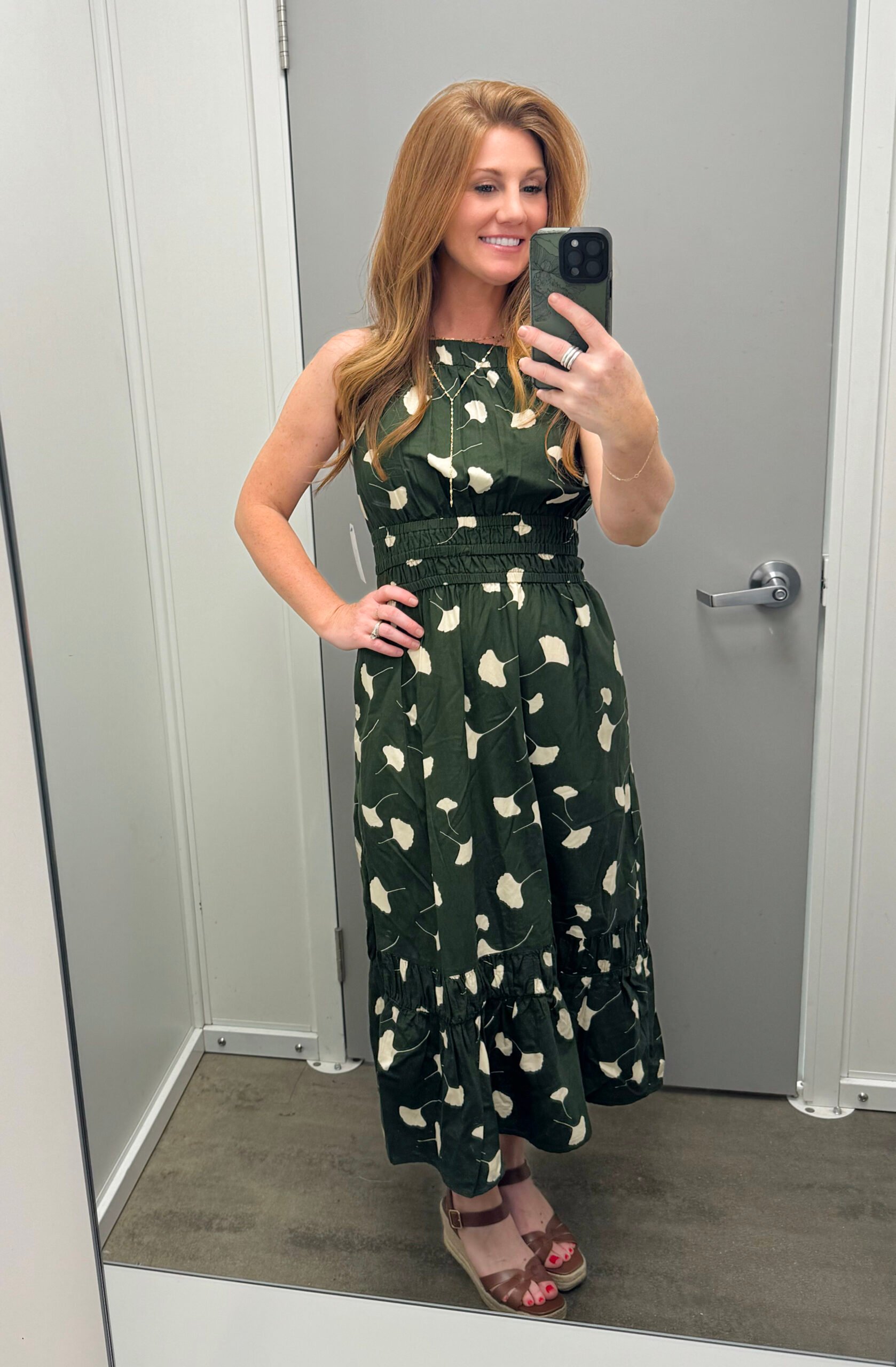 Stephanie, 5'3" petite, wearing a green printed  dress from Walmart