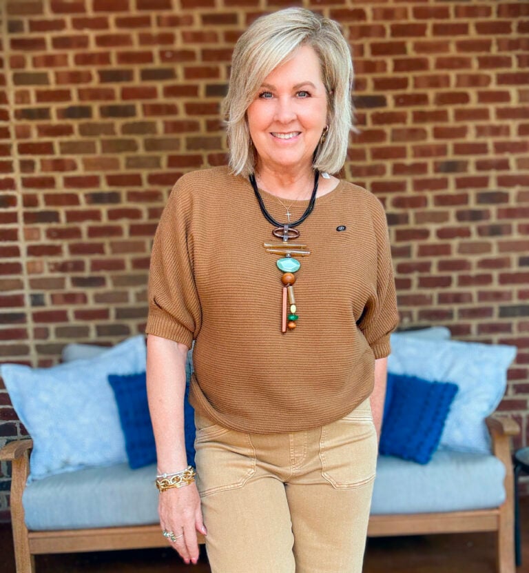 Tania Stephens wearing a brown ribbed sweater from Chico's