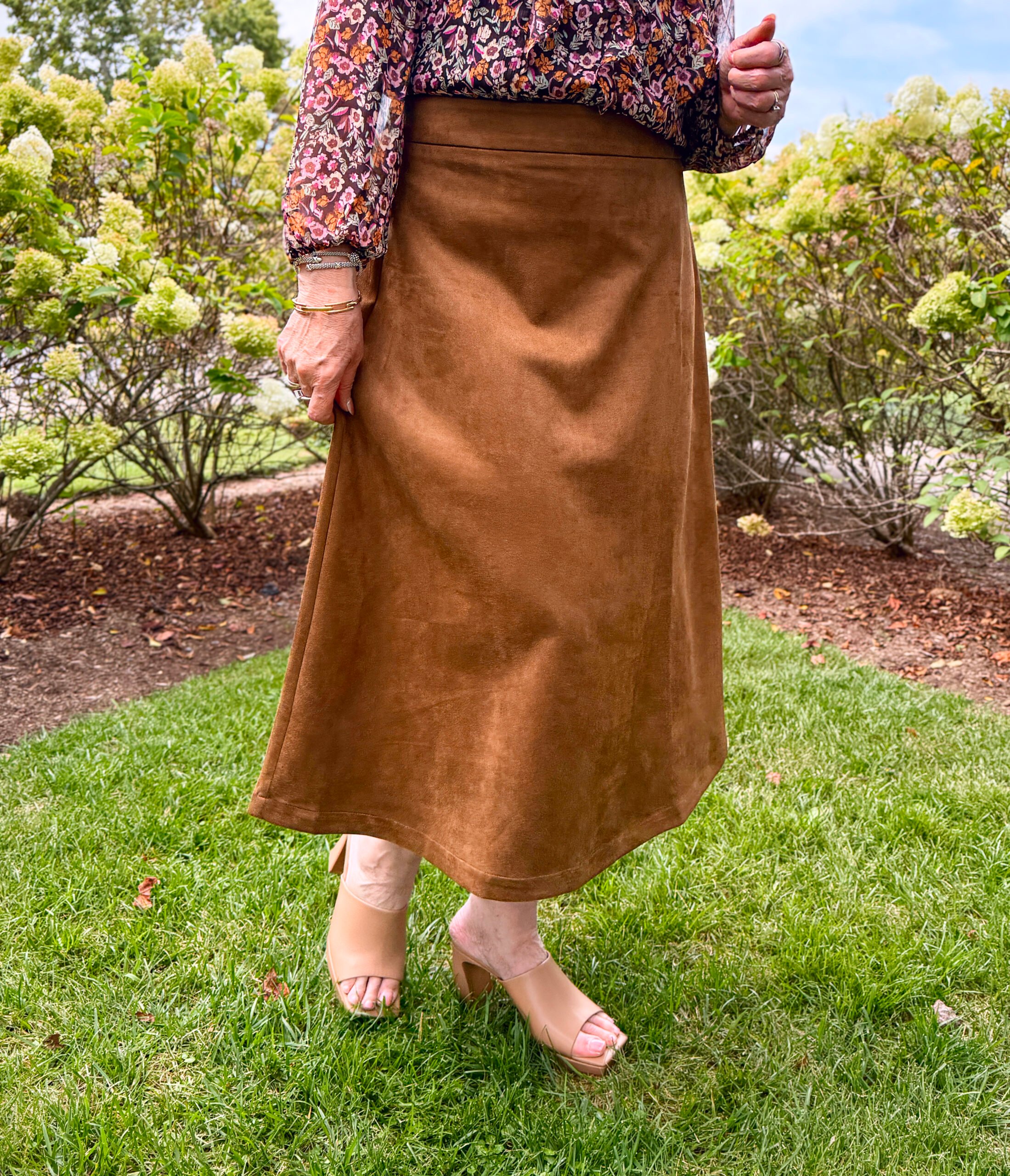 Tania Stephens wearing a  faux suede skirt for fall from Kohl's