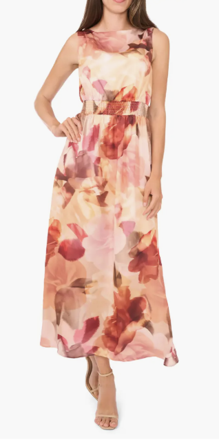 Floral Smocked Waist Maxi Dress in corals for fall