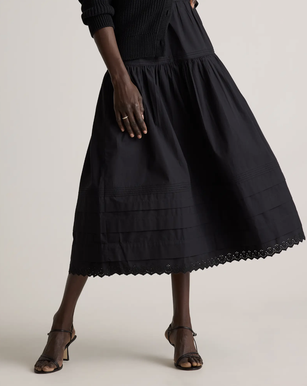 Quince Organic Cotton Poplin Pintuck Midi Skirt in black