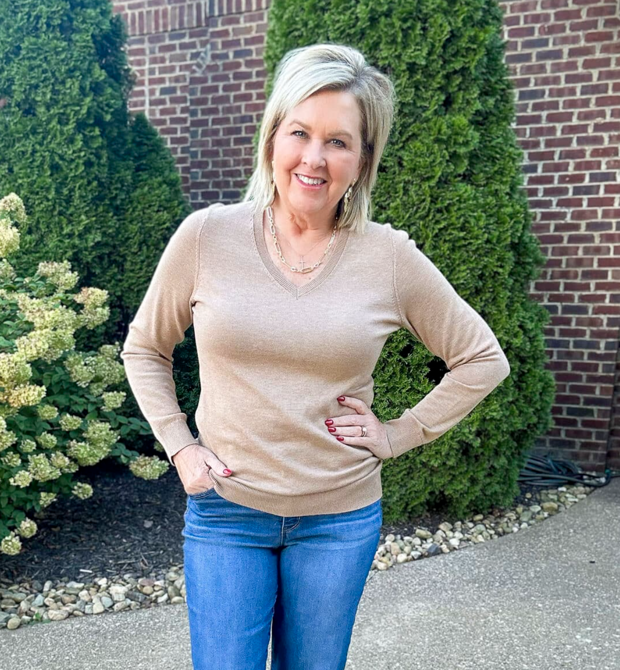 Fashion Blogger Tania Stephens is wearing a camel pullover sweater from Amazon 1