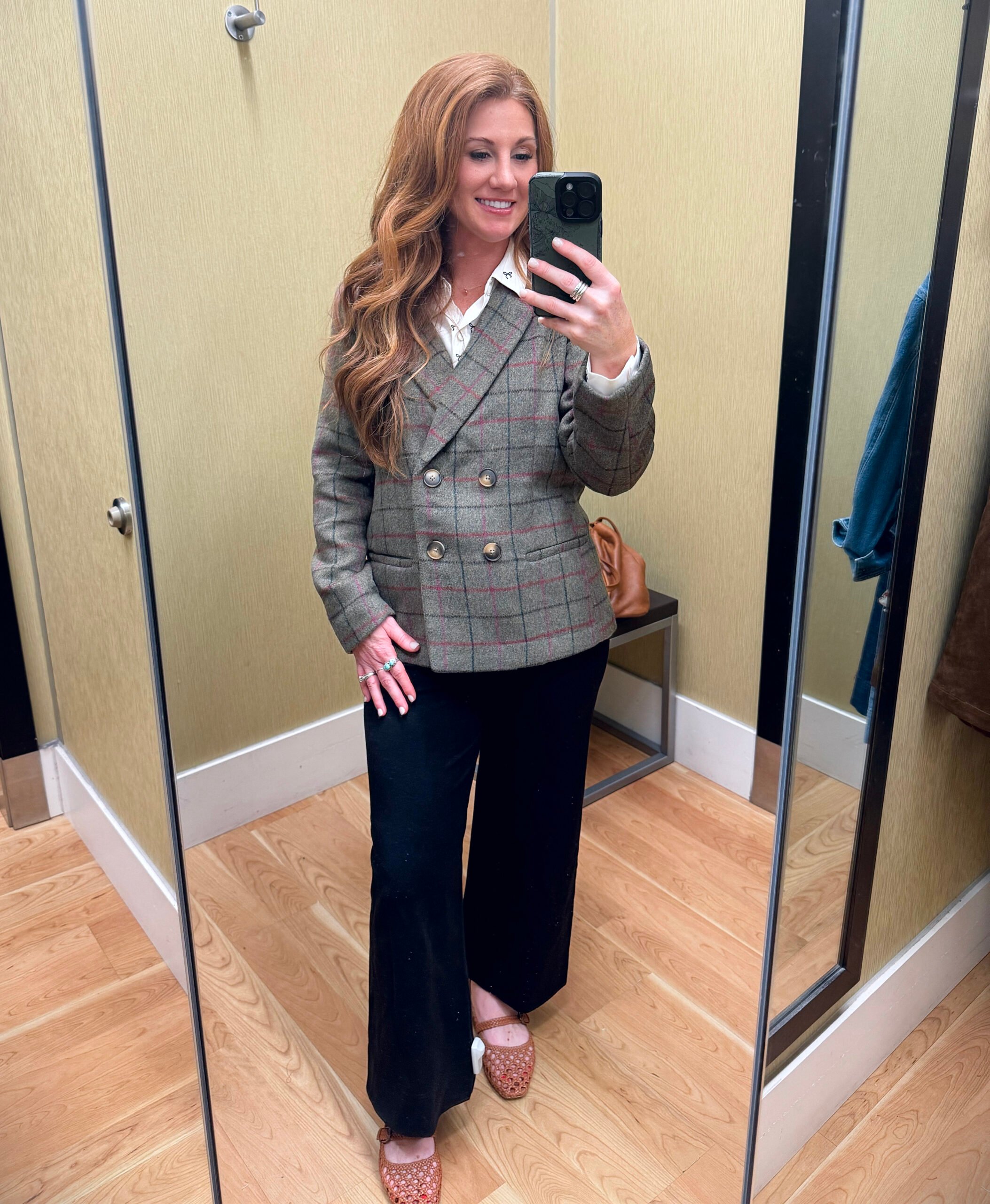 Stephanie in a feminine top and plaid blazer from Kohl’s styled for fall with versatile details