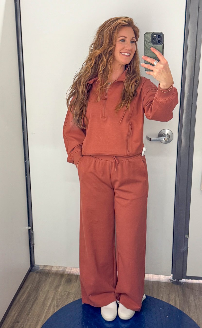 Stephanie wearing a rust outfit for fall from Old Navy