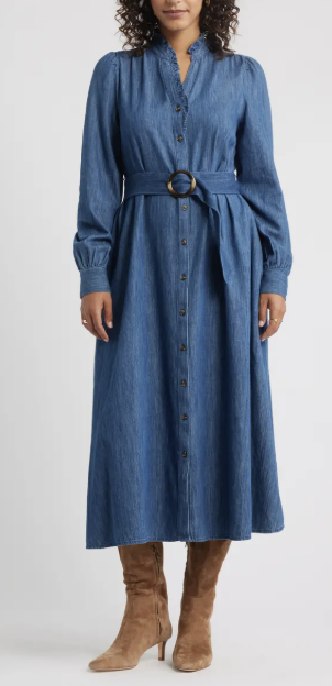Belted Ruffle Long Sleeve Denim Shirtdress, Fall 2025 Clothing from Nordstrom