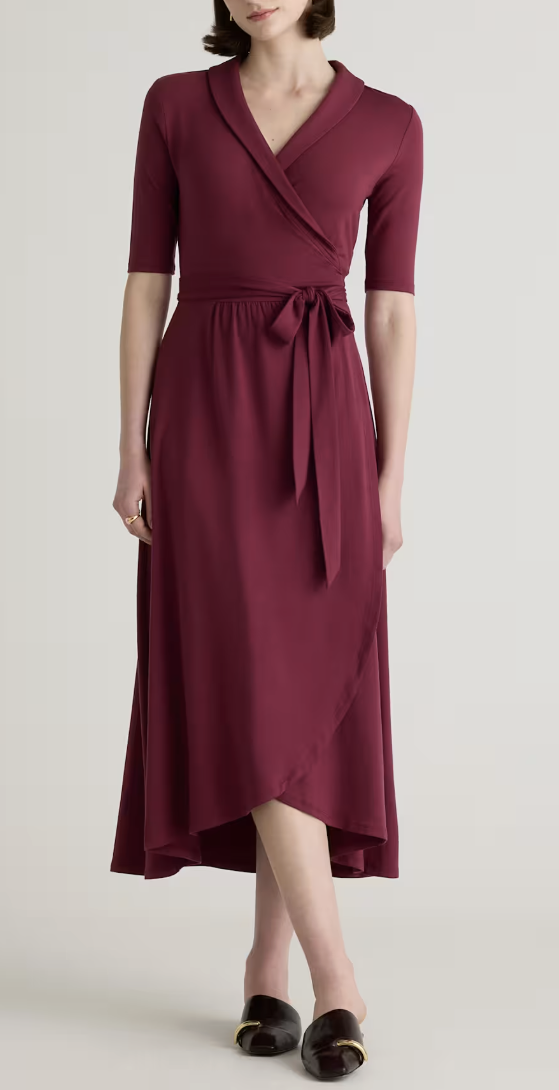 A flattering affordable wrap dress from Quince for fall 