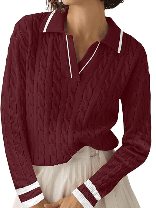 POLO COLLARED CABLE KNIT SWEATER AMAZON