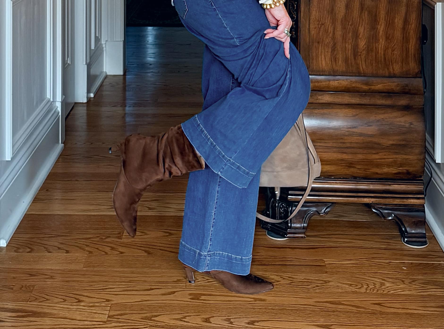 Tania wearing an Amazon scrunch bootie