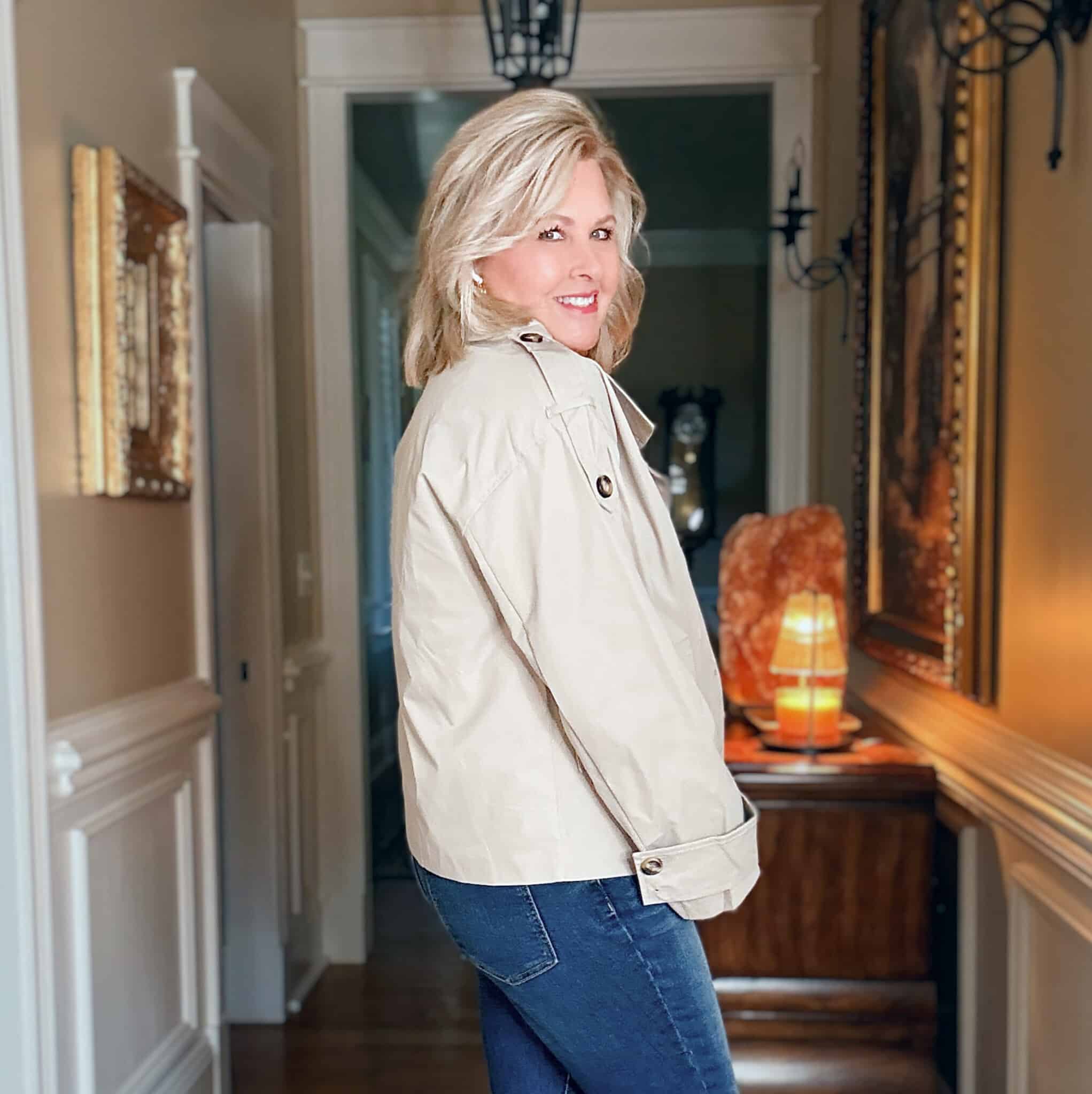 Tania wearing a light weight cropped trench jacket from Amazon