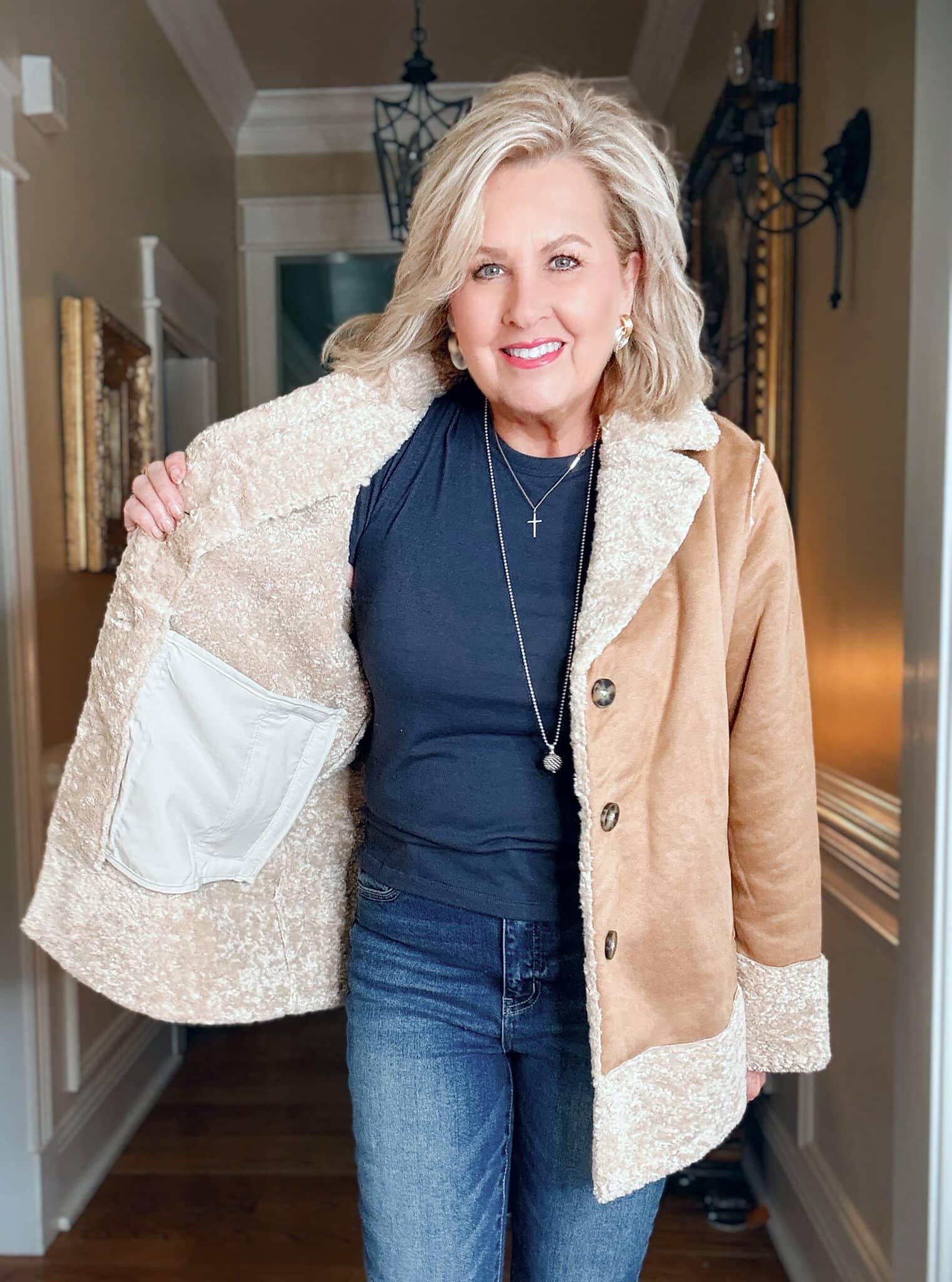 Tania wearing a camel  faux suede/shearling jacket from J.Jill