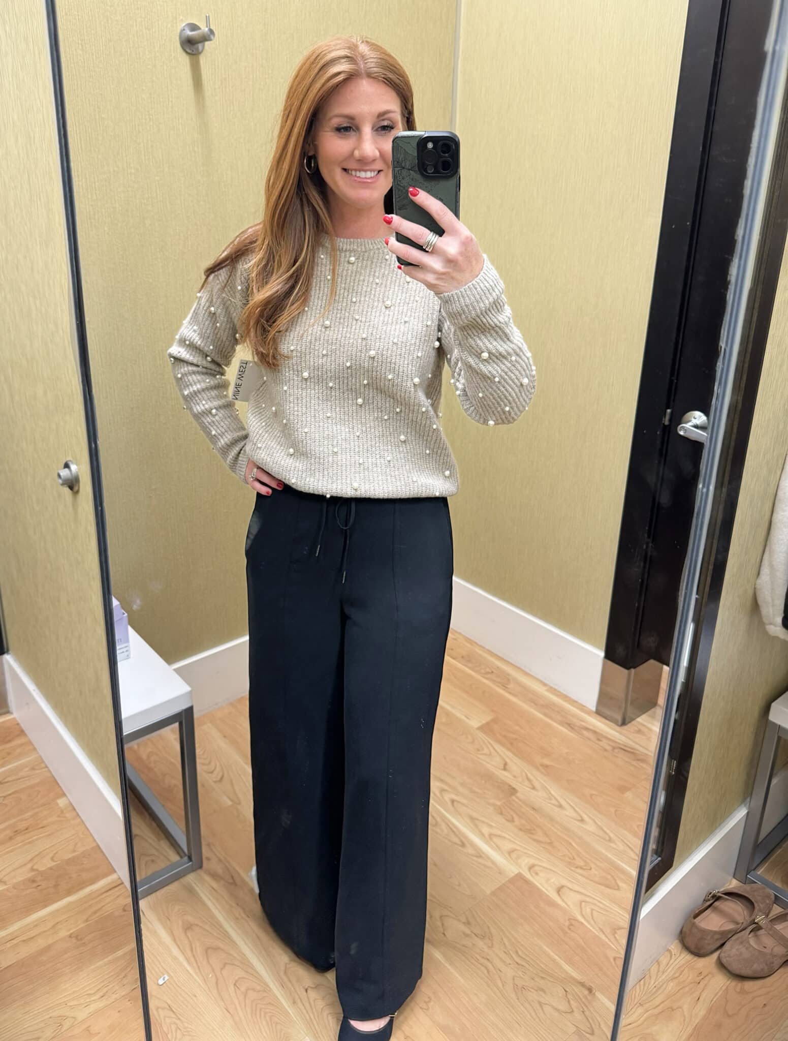 Nine West Cozy Pearl Pullover Sweater with black wide leg pants