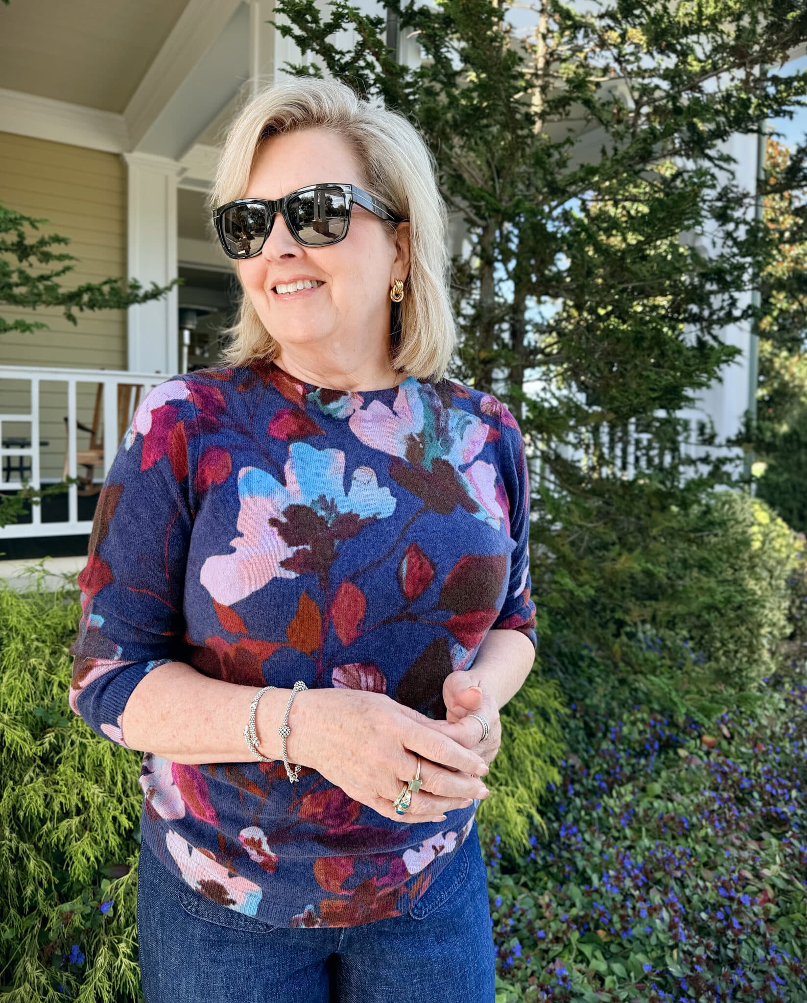 Tania wearing a Talbots cashmere floral sweater