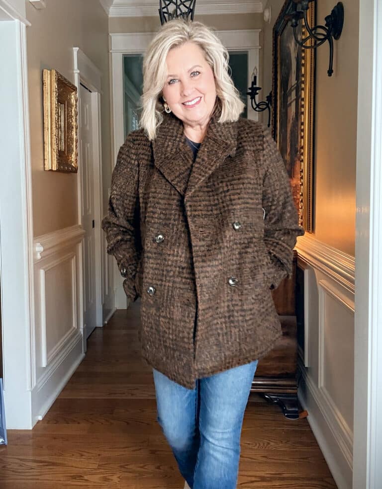 Walmart Herringbone Plaid Peacoat jacket with jeans and boots