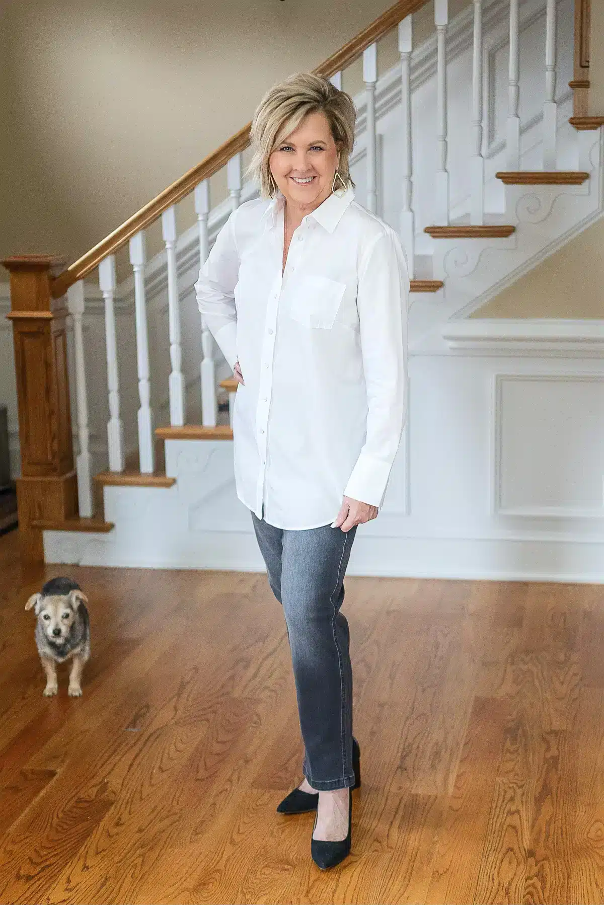 TANIA STYLING AN OVERSIZED WHITE BUTTON DOWN FROM TALBOTS WITH JEANS AND HEELS