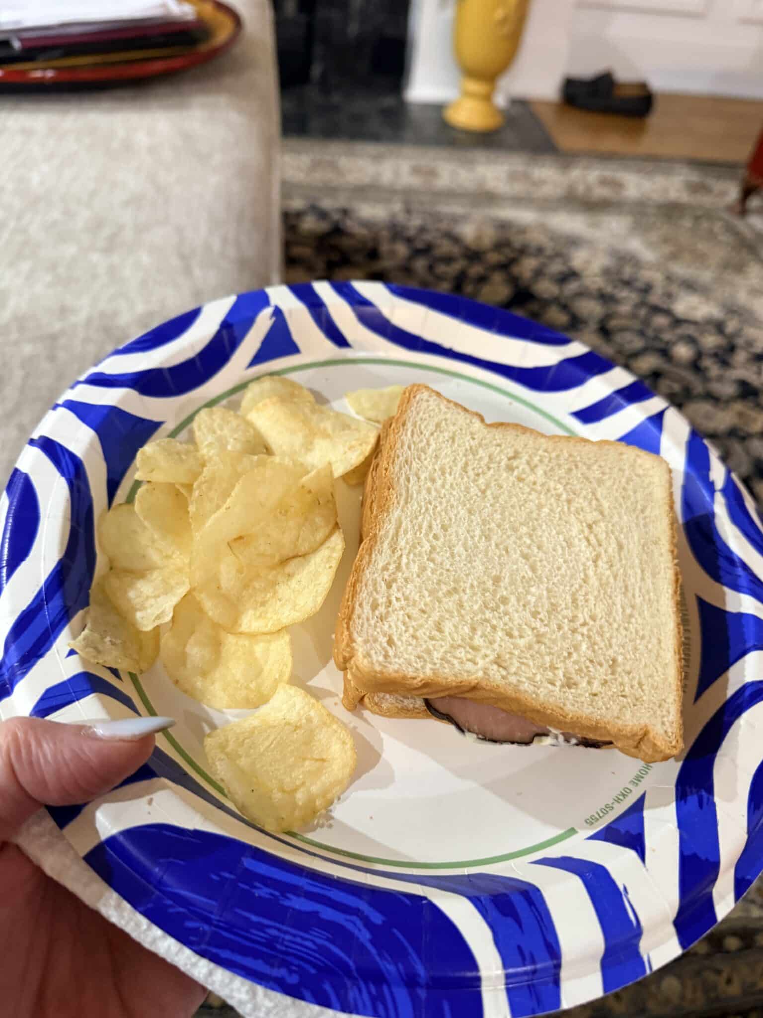 Ham and cheese sandwich with pickle chips