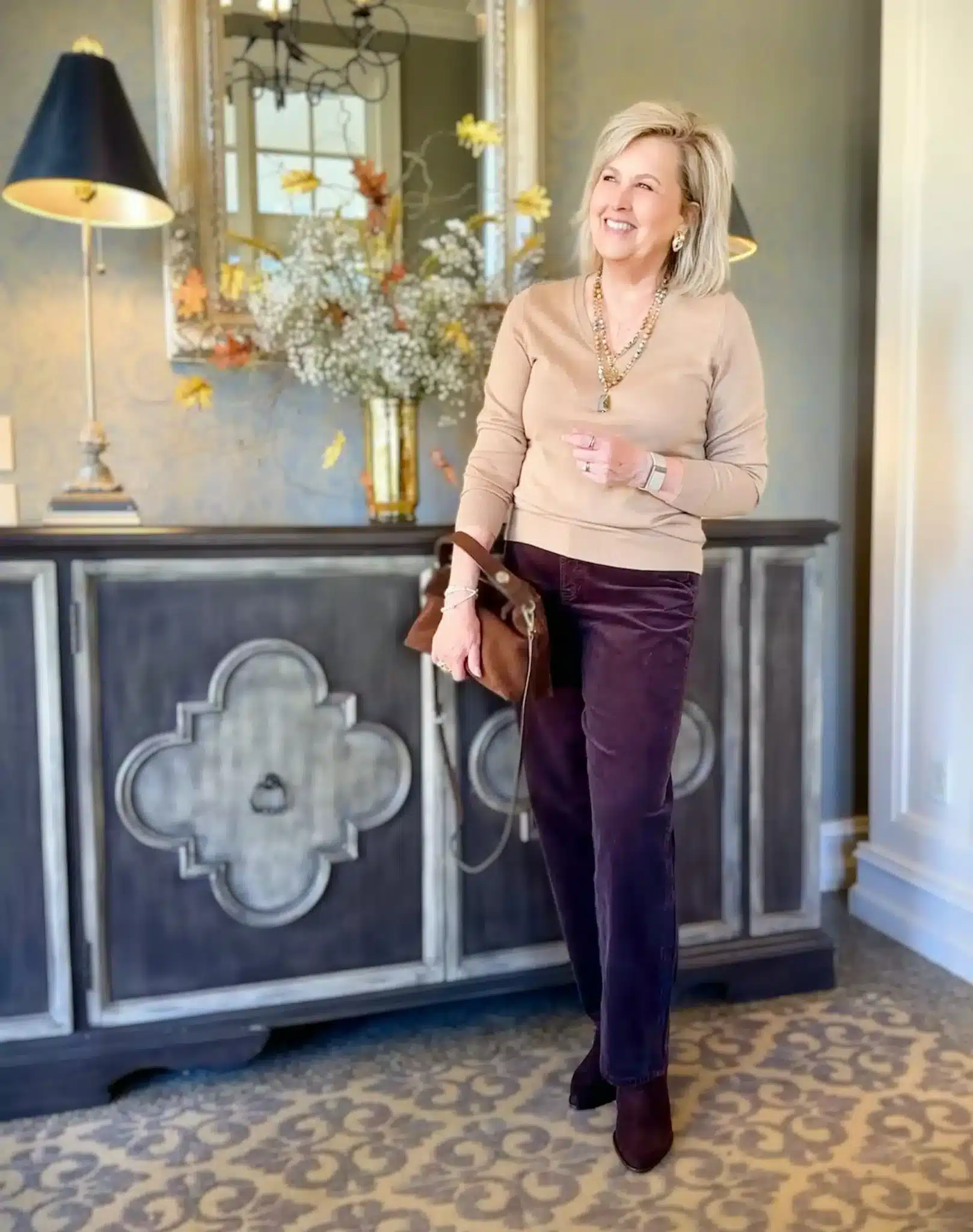 Light brown sweater with chocolate corduroy pants, tonal brown fall look