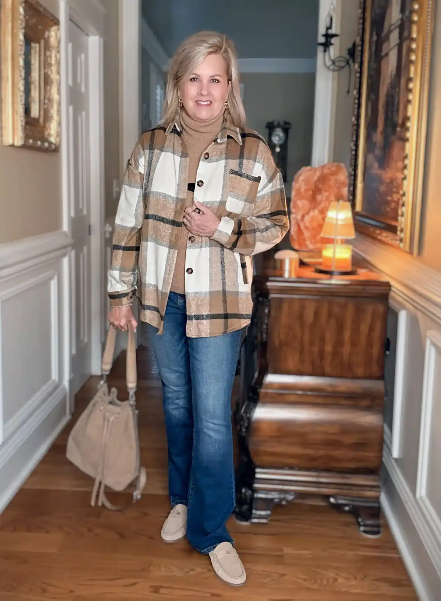 Plaid shacket with camel sweater and flare jeans, how to wear brown for fall outfit idea