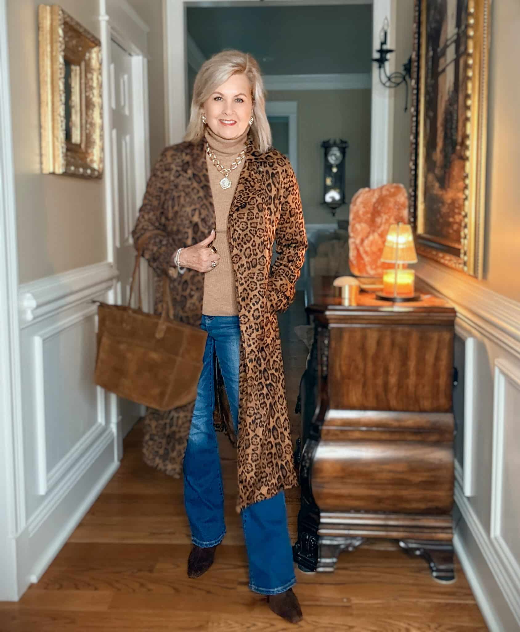 Tania wearing a leopard print coat from Amazon