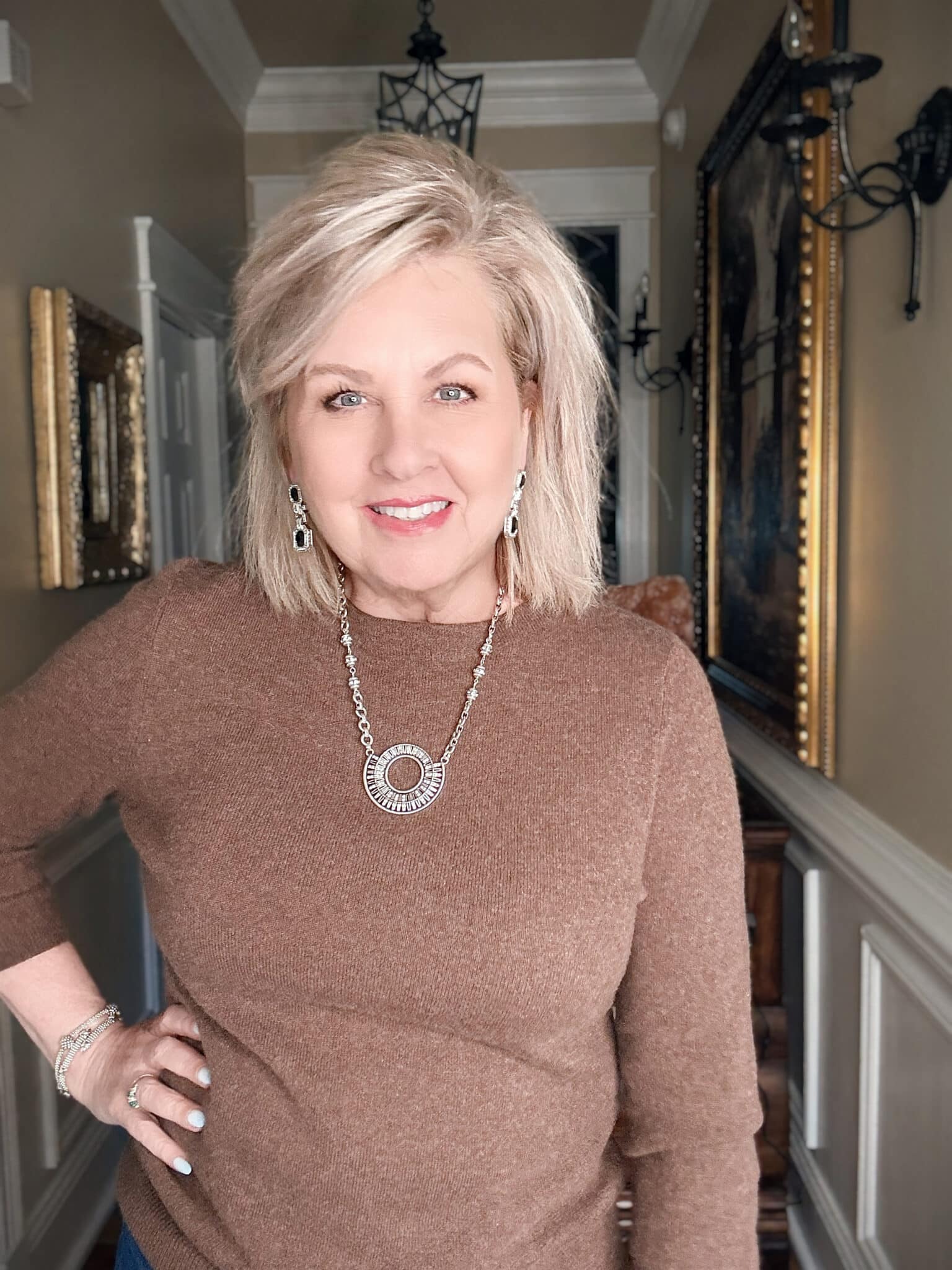 Chico’s sparkling silvertone circle pendant necklace with black square drop earrings