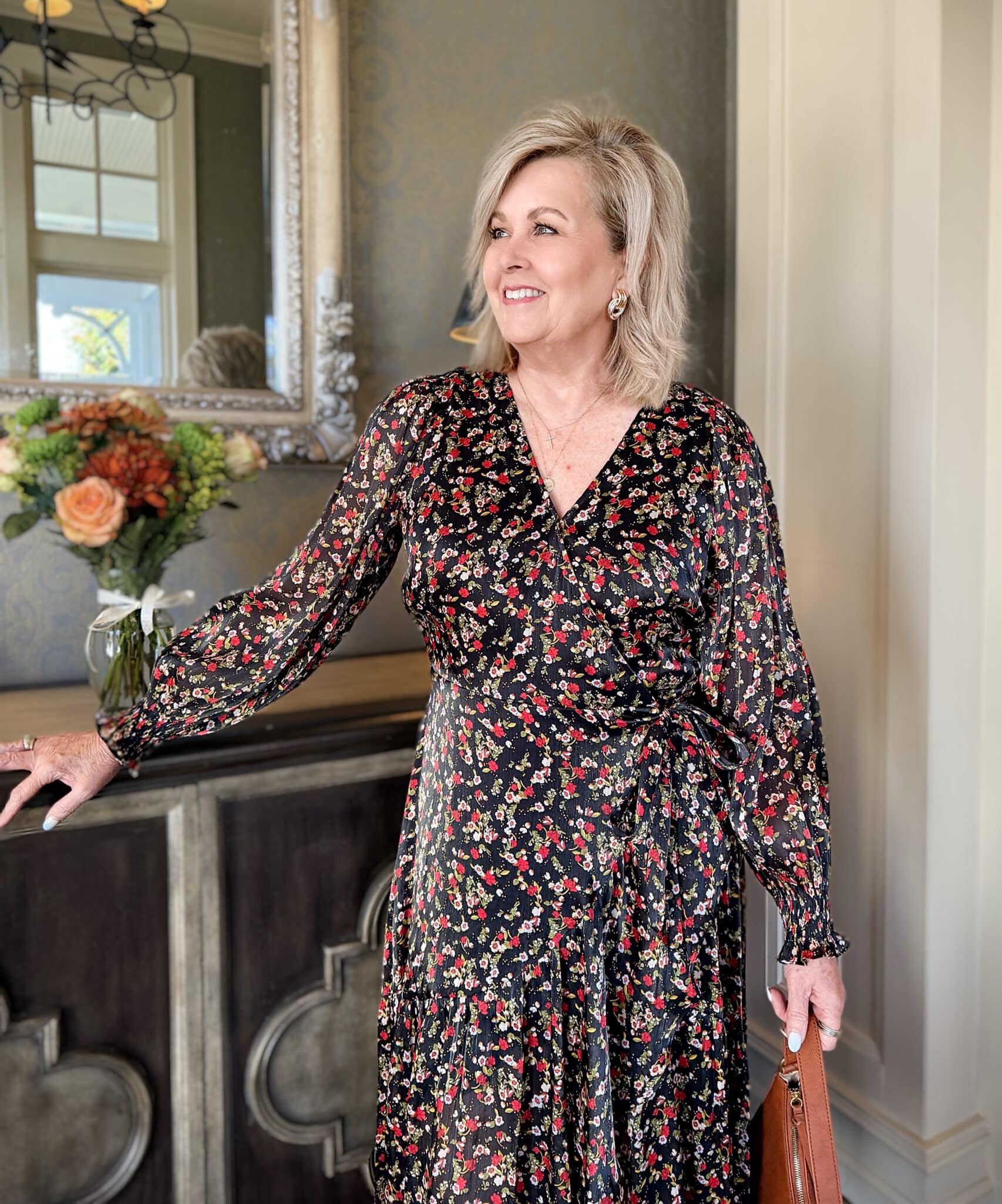 Lauren Conrad floral wrap dress from Kohl’s styled for holiday gatherings