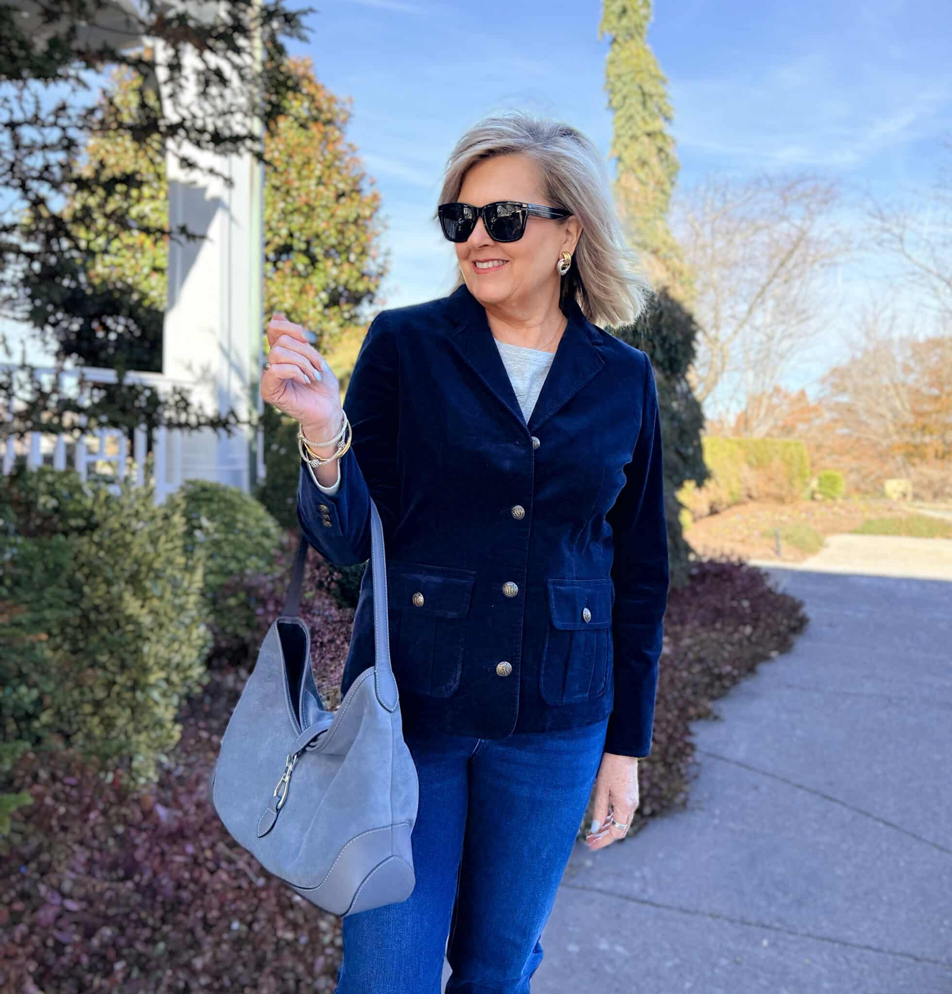 Tania is a navy velveteen blazer from Talbots
